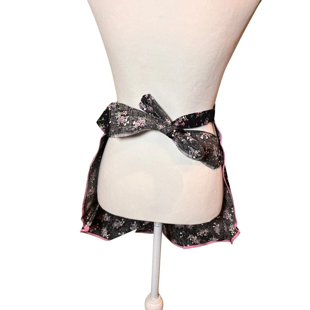 Vintage Handmade Purple Floral Ruffle Half Apron Black  Retro Cottagecore